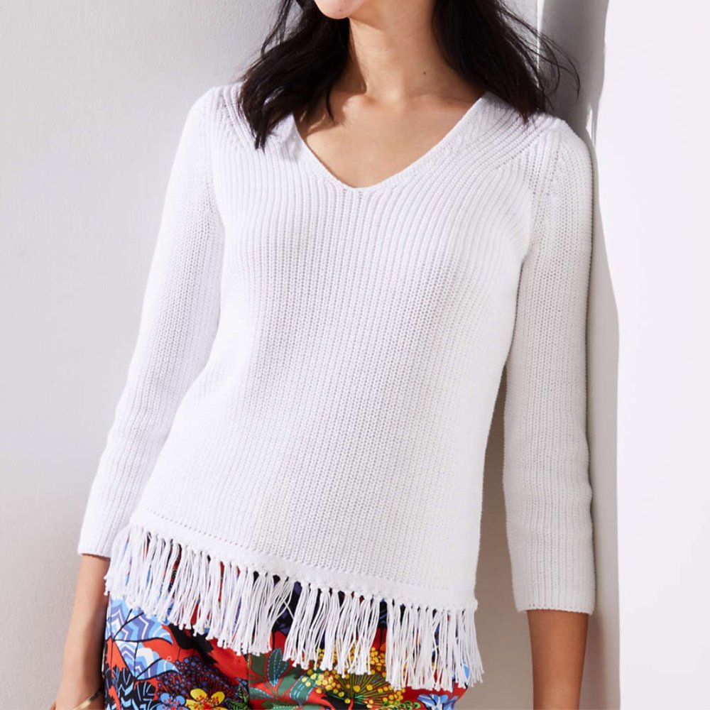 *NWOT*LOFT White Knit V Neck Tassel Fringe Sweater